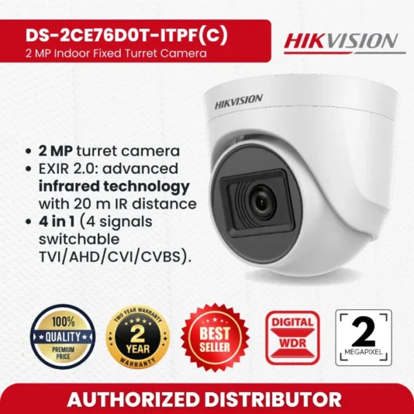 Hikvision DS-2CE76D0T-ITPF 2MP Fixed Turret Turbo HD Camera